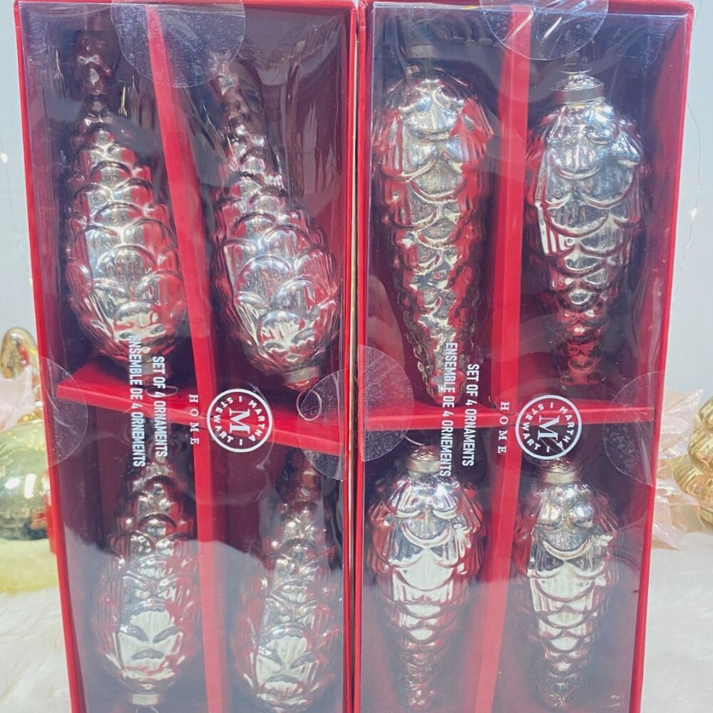 Martha Stewart Set of 8 Silver Mercury Glass Ornaments Pinecone 7" New Box